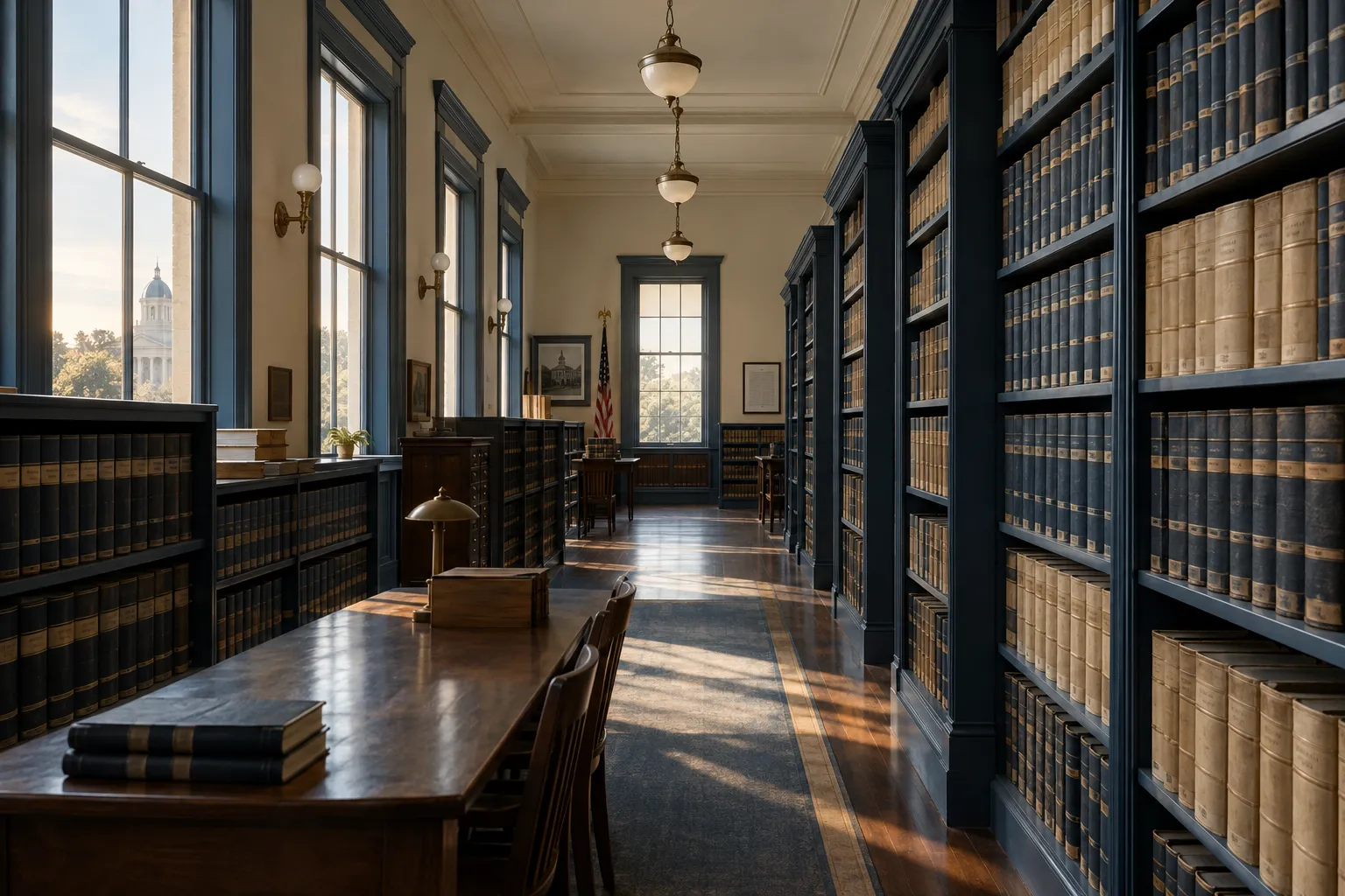 A county records room lined with bound deed books